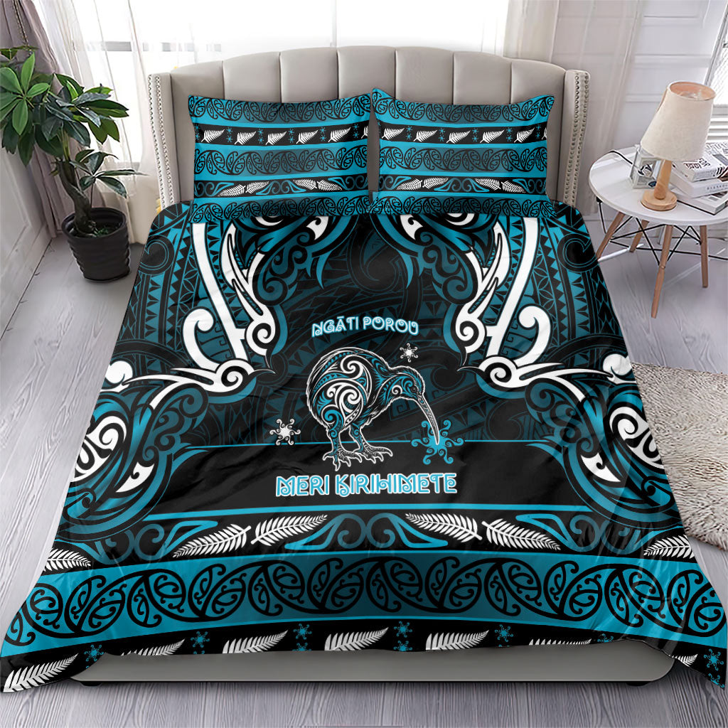 Ngati Porou Aotearoa Meri Kirihimete Bedding Set Maori Kiwi Bird Silver Fern Koru Pattern
