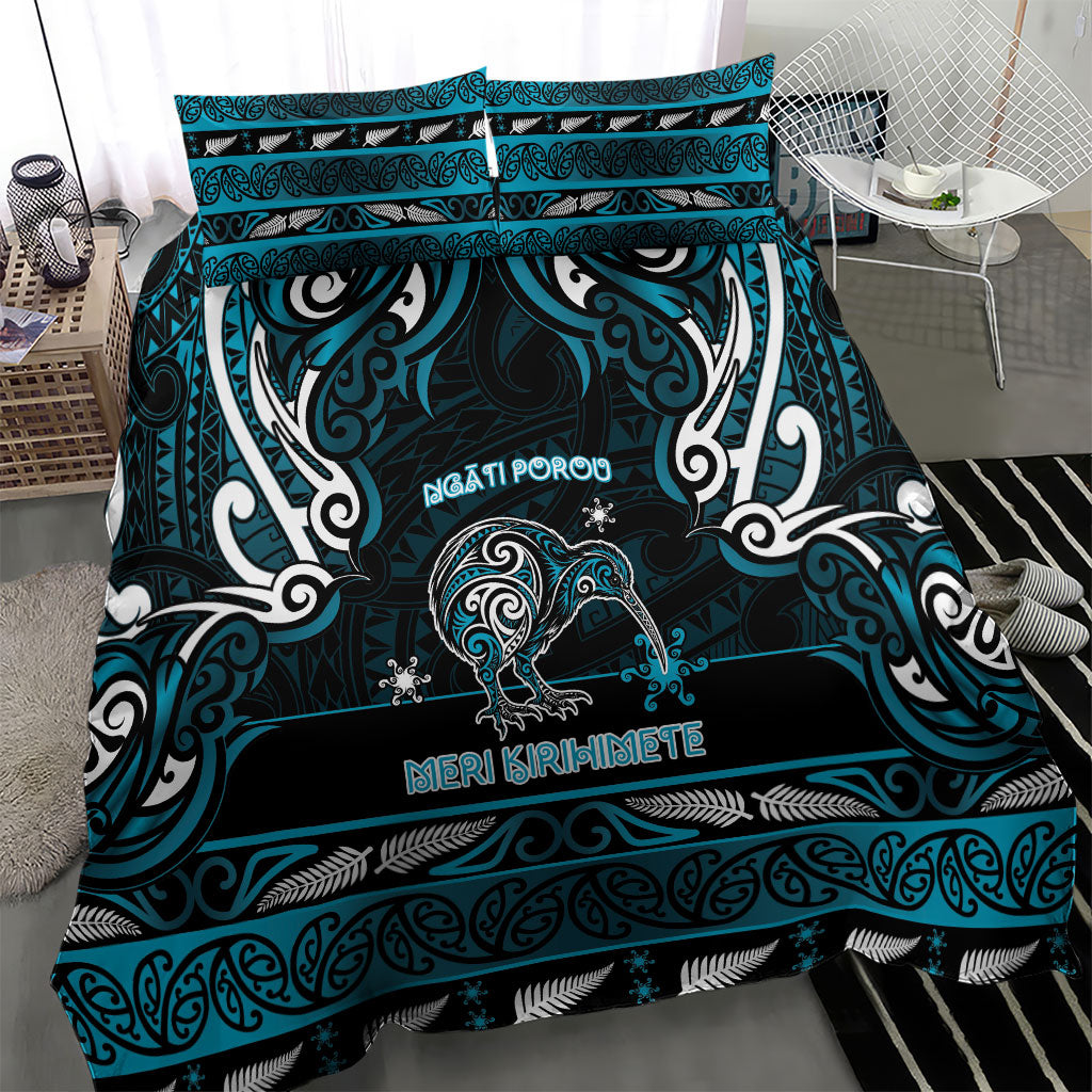 Ngati Porou Aotearoa Meri Kirihimete Bedding Set Maori Kiwi Bird Silver Fern Koru Pattern