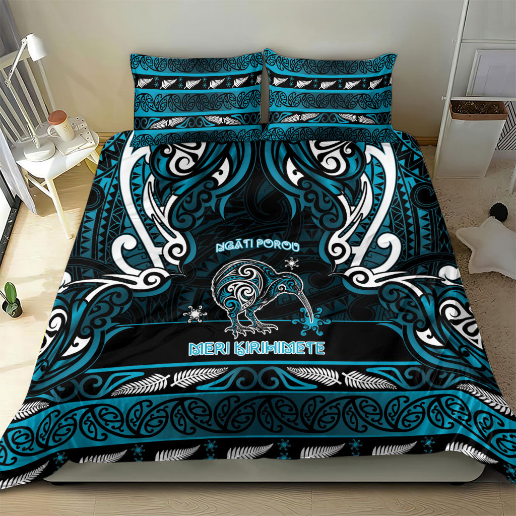 Ngati Porou Aotearoa Meri Kirihimete Bedding Set Maori Kiwi Bird Silver Fern Koru Pattern