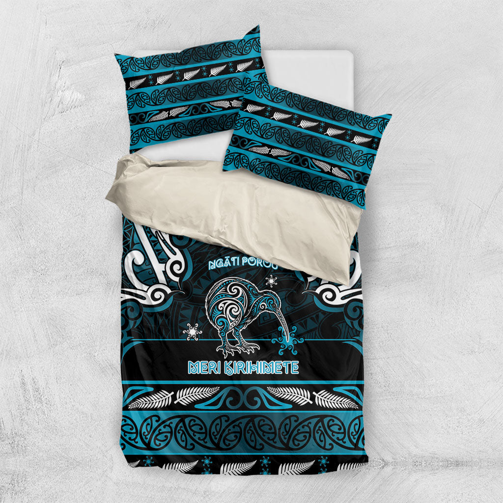 Ngati Porou Aotearoa Meri Kirihimete Bedding Set Maori Kiwi Bird Silver Fern Koru Pattern