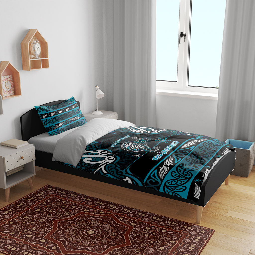 Ngati Porou Aotearoa Meri Kirihimete Bedding Set Maori Kiwi Bird Silver Fern Koru Pattern