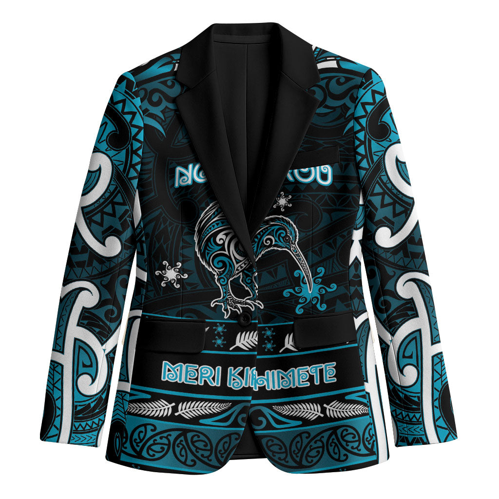 Personalised Ngati Porou Aotearoa Meri Kirihimete Blazer Maori Kiwi Bird Silver Fern Koru Pattern