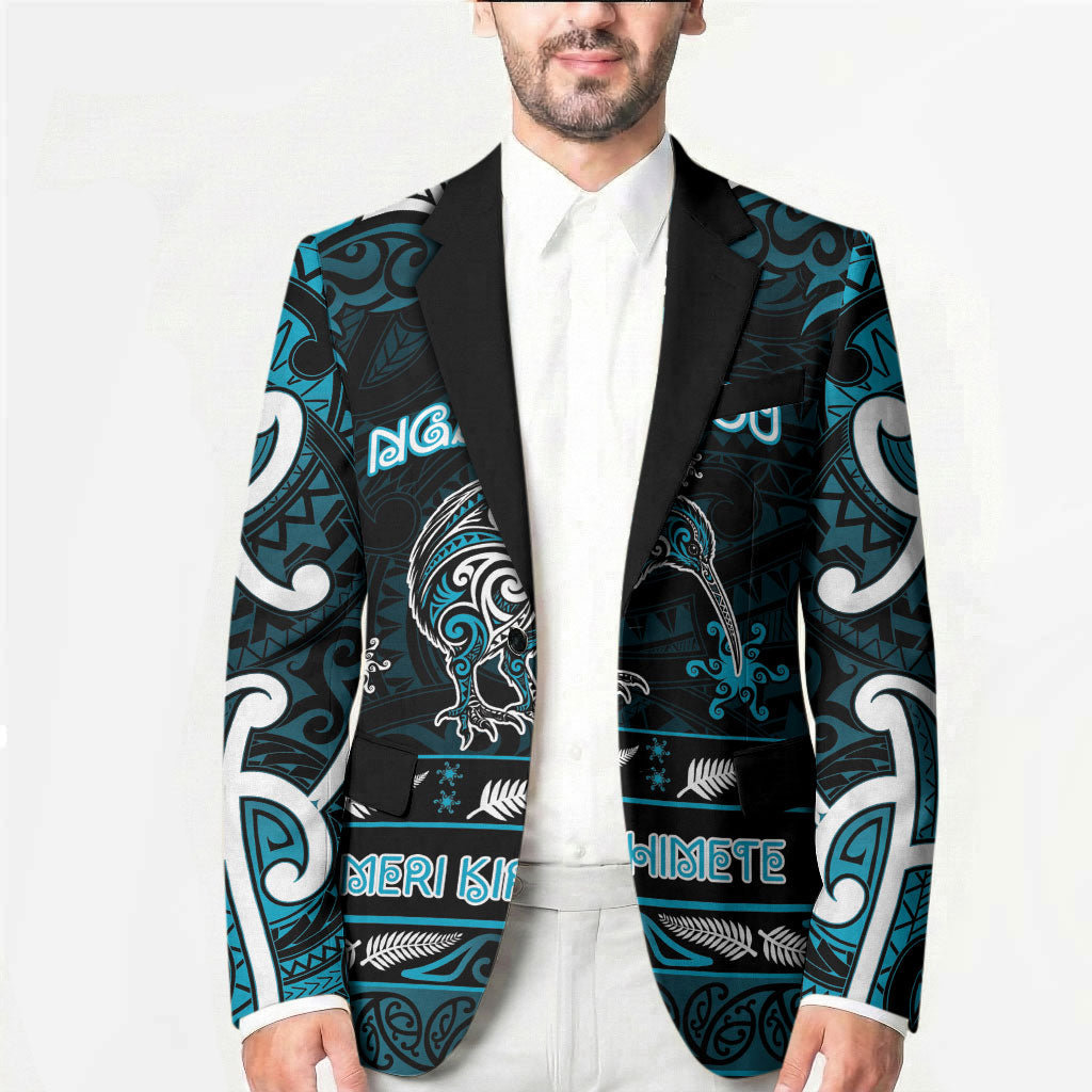 Personalised Ngati Porou Aotearoa Meri Kirihimete Blazer Maori Kiwi Bird Silver Fern Koru Pattern