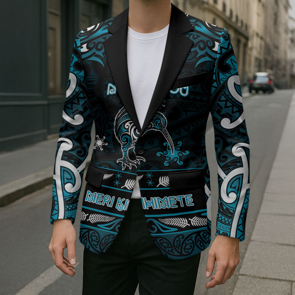 Personalised Ngati Porou Aotearoa Meri Kirihimete Blazer Maori Kiwi Bird Silver Fern Koru Pattern