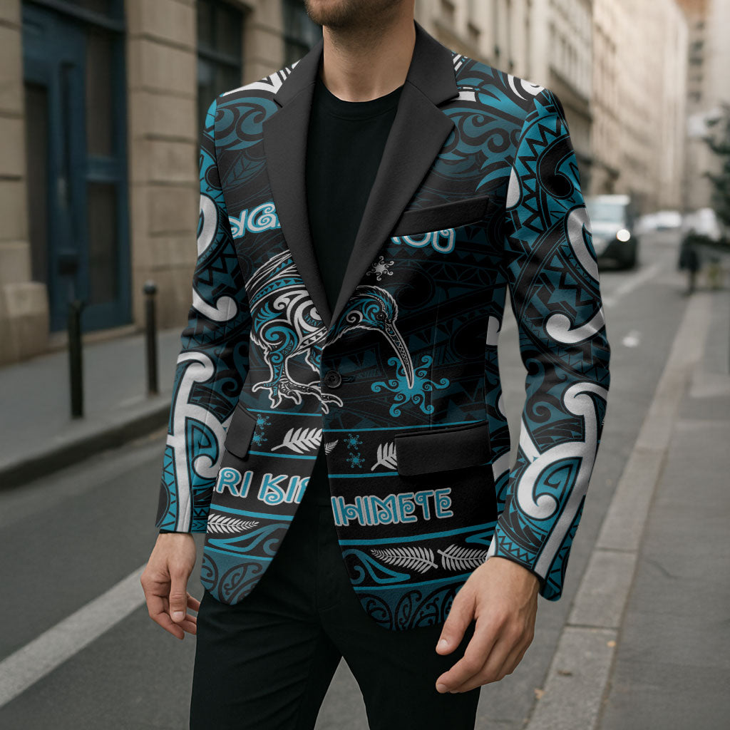 Personalised Ngati Porou Aotearoa Meri Kirihimete Blazer Maori Kiwi Bird Silver Fern Koru Pattern