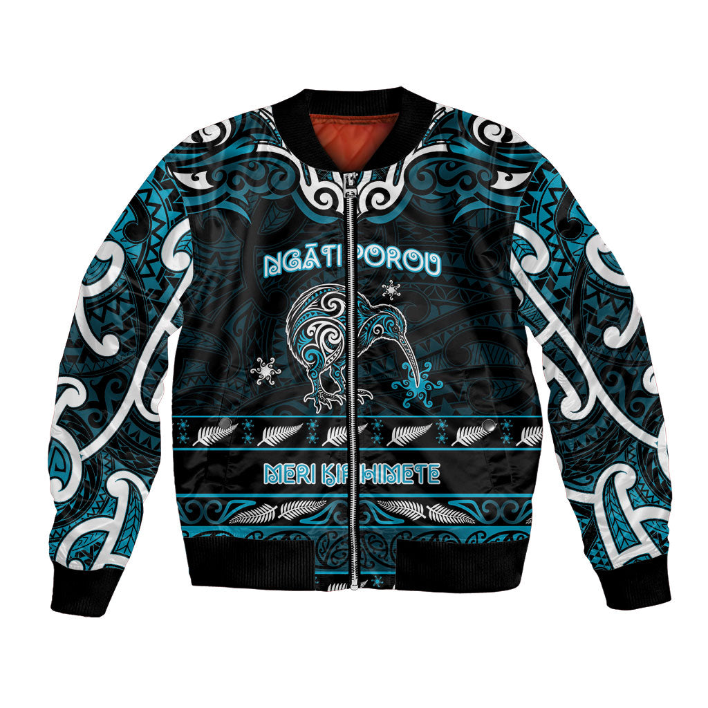 Personalised Ngati Porou Aotearoa Meri Kirihimete Bomber Jacket Maori Kiwi Bird Silver Fern Koru Pattern
