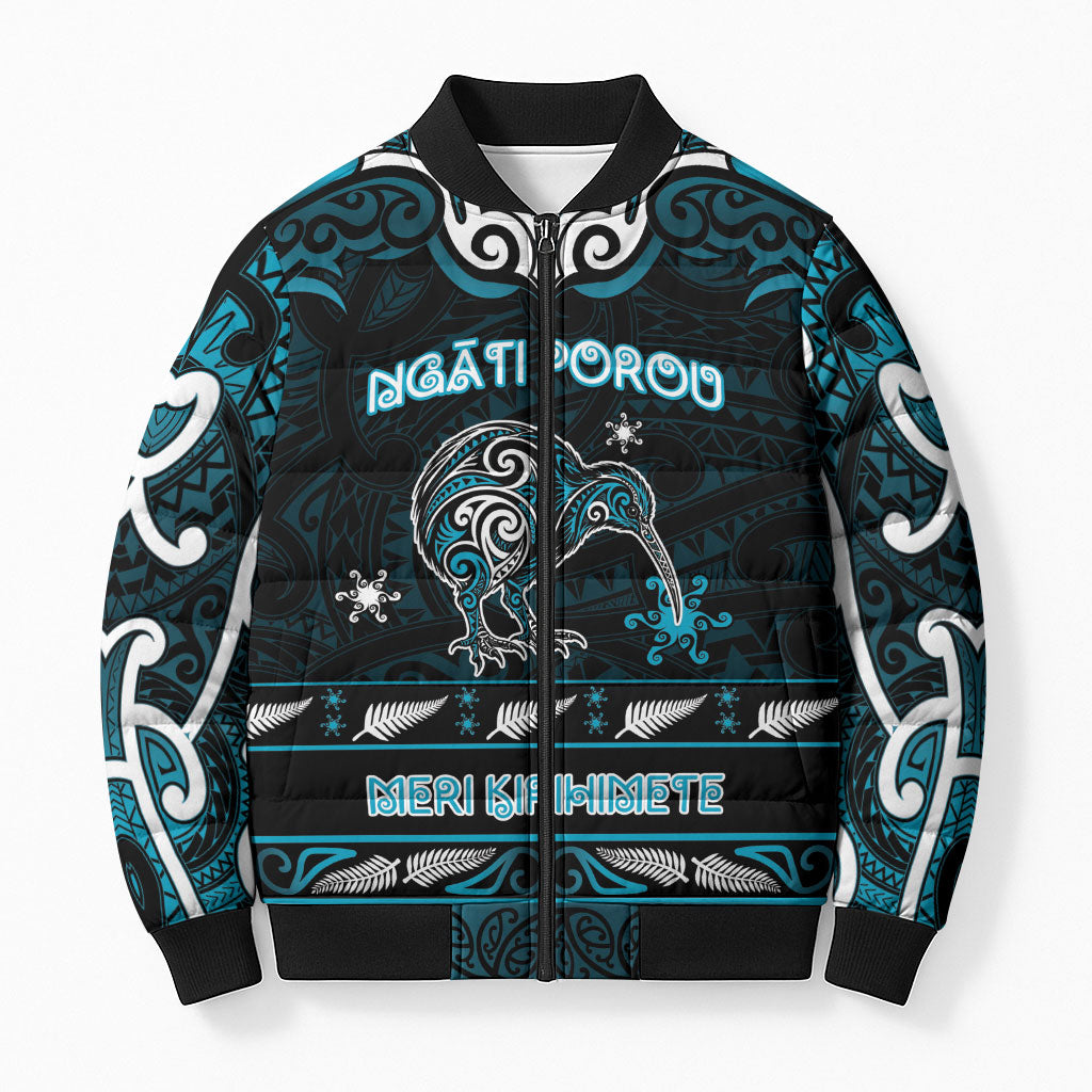 Personalised Ngati Porou Aotearoa Meri Kirihimete Bomber Puffer Jacket Maori Kiwi Bird Silver Fern Koru Pattern