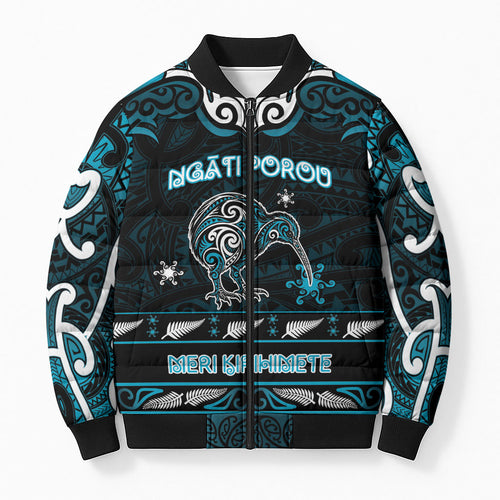 Personalised Ngati Porou Aotearoa Meri Kirihimete Bomber Puffer Jacket Maori Kiwi Bird Silver Fern Koru Pattern