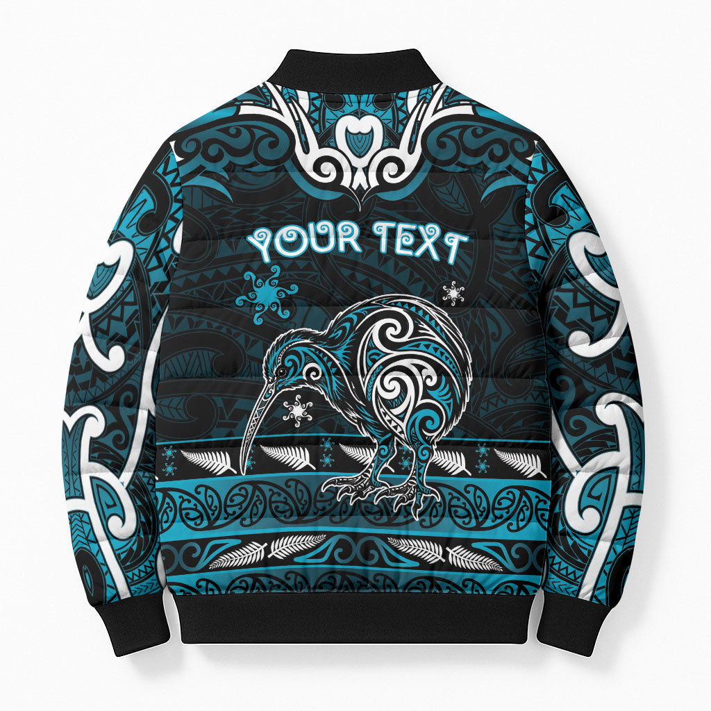 Personalised Ngati Porou Aotearoa Meri Kirihimete Bomber Puffer Jacket Maori Kiwi Bird Silver Fern Koru Pattern