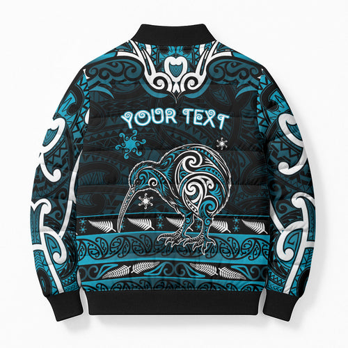 Personalised Ngati Porou Aotearoa Meri Kirihimete Bomber Puffer Jacket Maori Kiwi Bird Silver Fern Koru Pattern