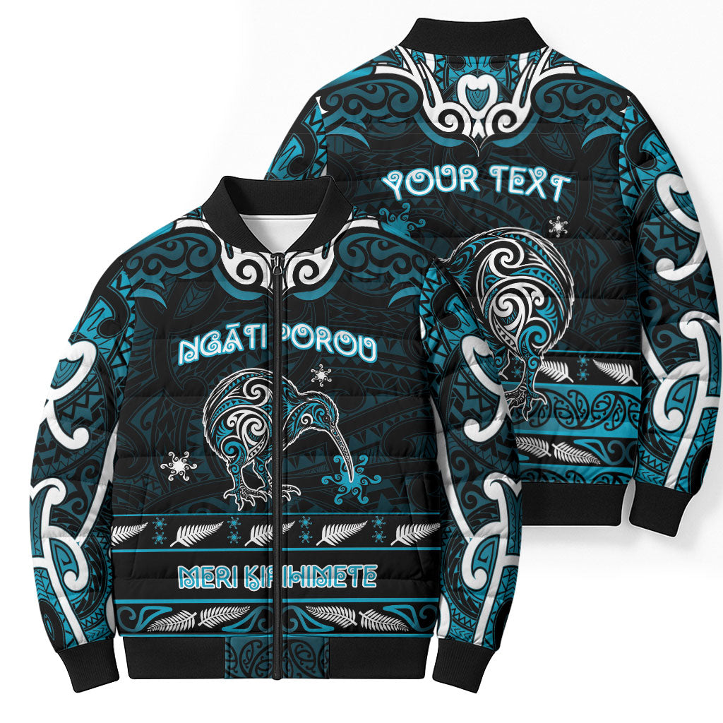 Personalised Ngati Porou Aotearoa Meri Kirihimete Bomber Puffer Jacket Maori Kiwi Bird Silver Fern Koru Pattern