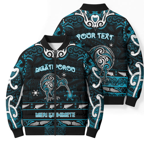Personalised Ngati Porou Aotearoa Meri Kirihimete Bomber Puffer Jacket Maori Kiwi Bird Silver Fern Koru Pattern