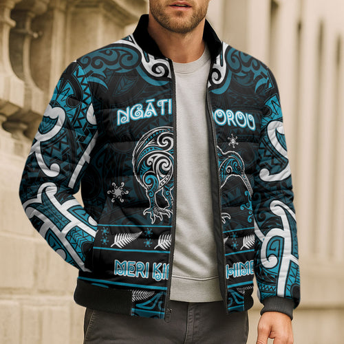 Personalised Ngati Porou Aotearoa Meri Kirihimete Bomber Puffer Jacket Maori Kiwi Bird Silver Fern Koru Pattern