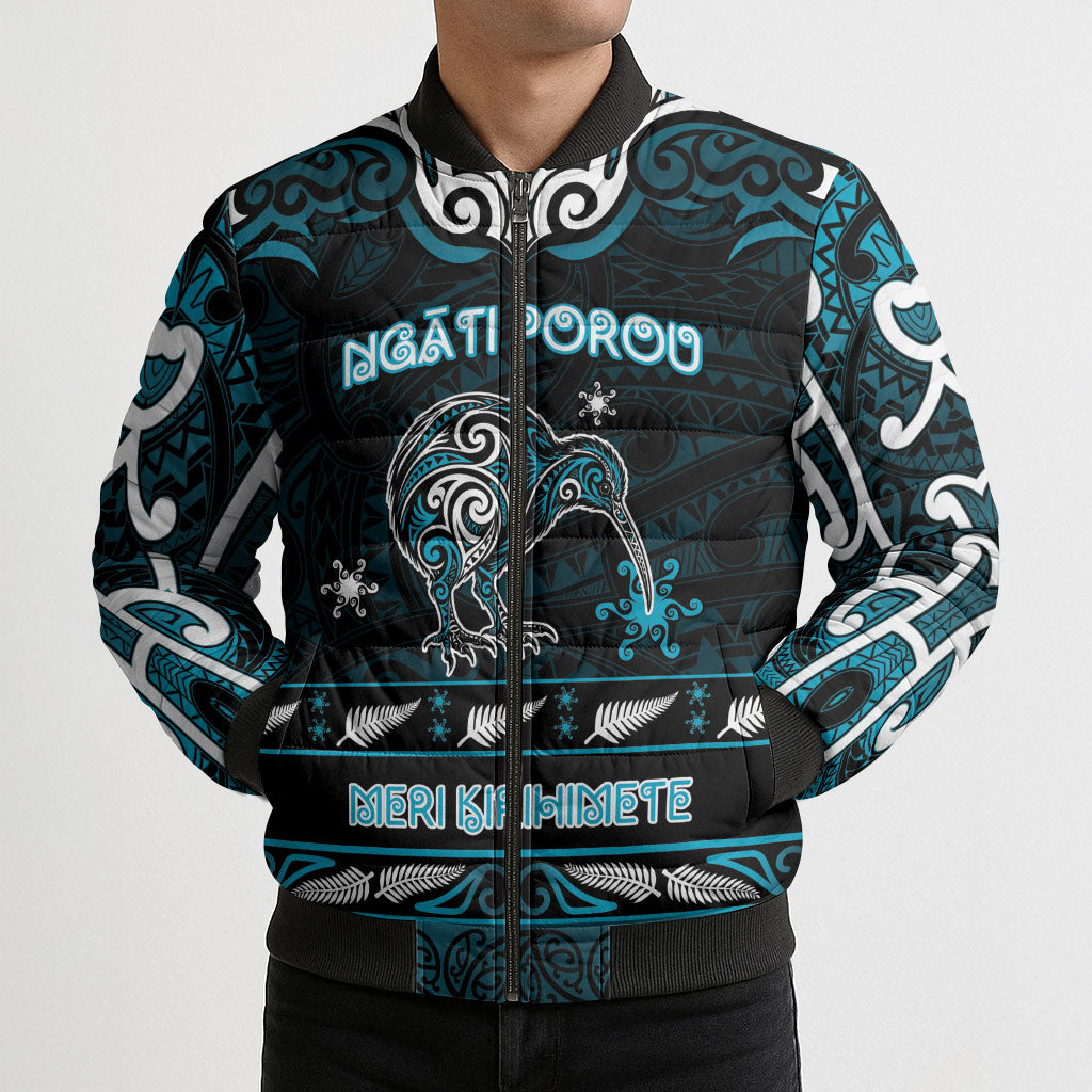 Personalised Ngati Porou Aotearoa Meri Kirihimete Bomber Puffer Jacket Maori Kiwi Bird Silver Fern Koru Pattern