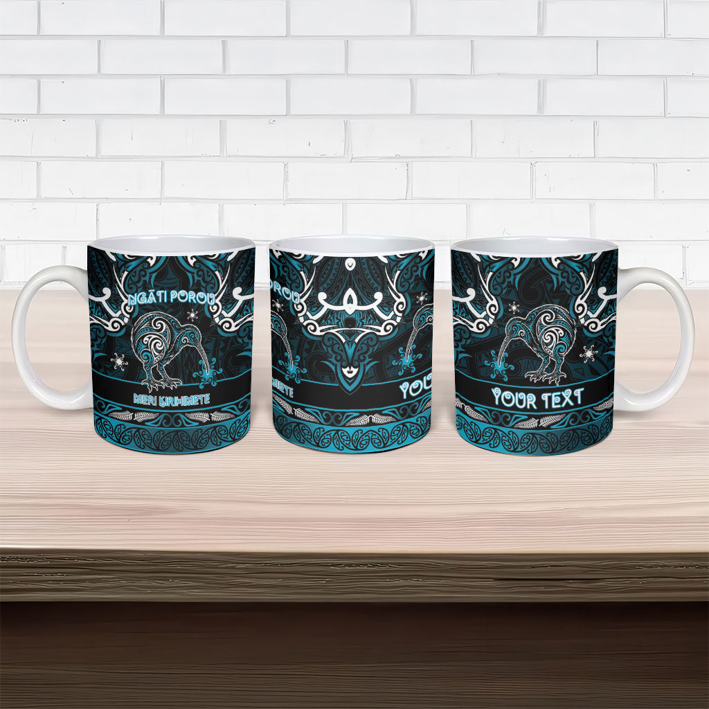 Personalised Ngati Porou Aotearoa Meri Kirihimete Ceramic Mug Maori Kiwi Bird Silver Fern Koru Pattern