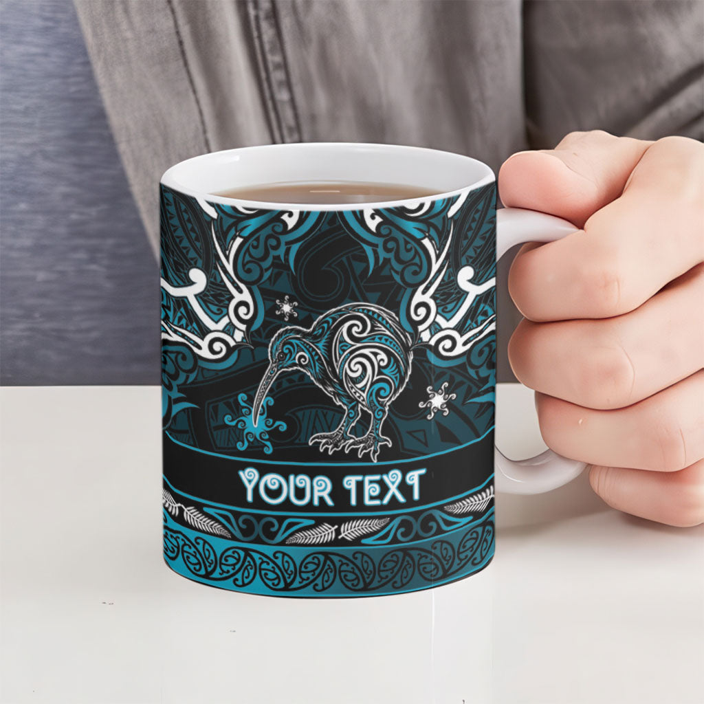 Personalised Ngati Porou Aotearoa Meri Kirihimete Ceramic Mug Maori Kiwi Bird Silver Fern Koru Pattern
