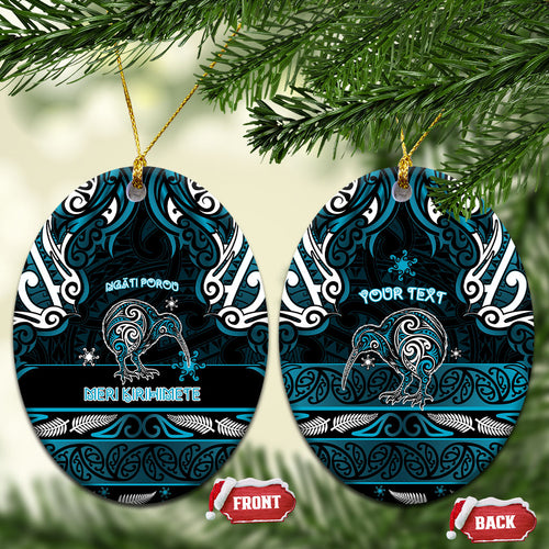 Personalised Ngati Porou Aotearoa Meri Kirihimete Ceramic Ornament Maori Kiwi Bird Silver Fern Koru Pattern