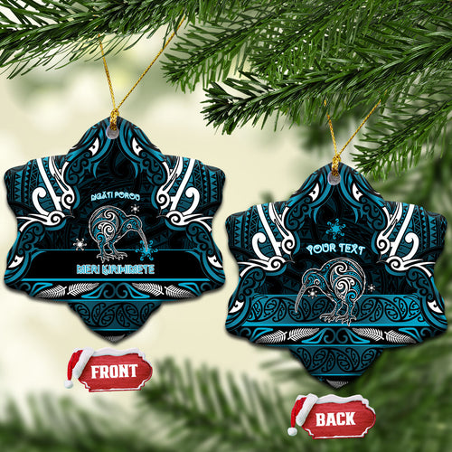 Personalised Ngati Porou Aotearoa Meri Kirihimete Ceramic Ornament Maori Kiwi Bird Silver Fern Koru Pattern
