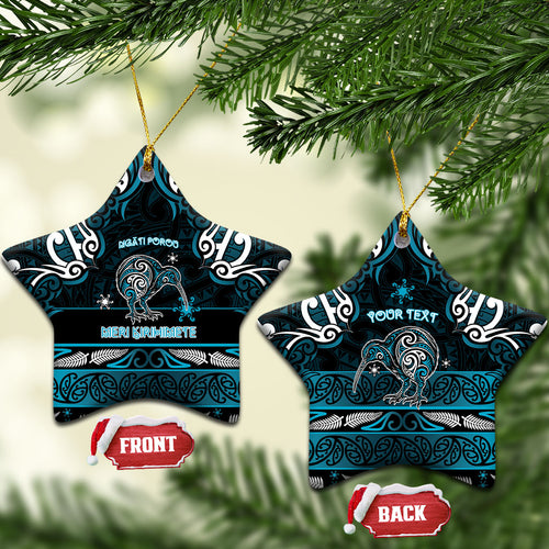 Personalised Ngati Porou Aotearoa Meri Kirihimete Ceramic Ornament Maori Kiwi Bird Silver Fern Koru Pattern