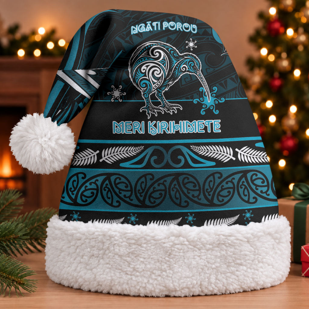 Personalised Ngati Porou Aotearoa Meri Kirihimete Christmas Santa Hat Maori Kiwi Bird Silver Fern Koru Pattern