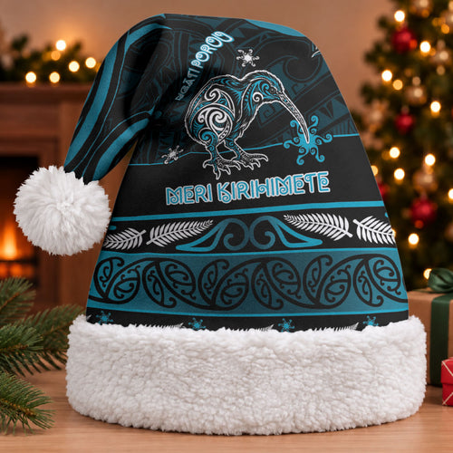 Personalised Ngati Porou Aotearoa Meri Kirihimete Christmas Santa Hat Maori Kiwi Bird Silver Fern Koru Pattern