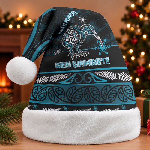 Personalised Ngati Porou Aotearoa Meri Kirihimete Christmas Santa Hat Maori Kiwi Bird Silver Fern Koru Pattern