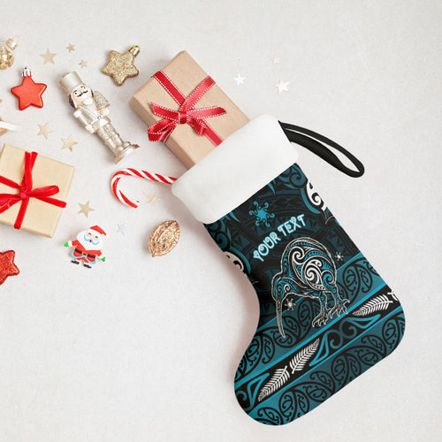 Personalised Ngati Porou Aotearoa Meri Kirihimete Christmas Stocking Maori Kiwi Bird Silver Fern Koru Pattern
