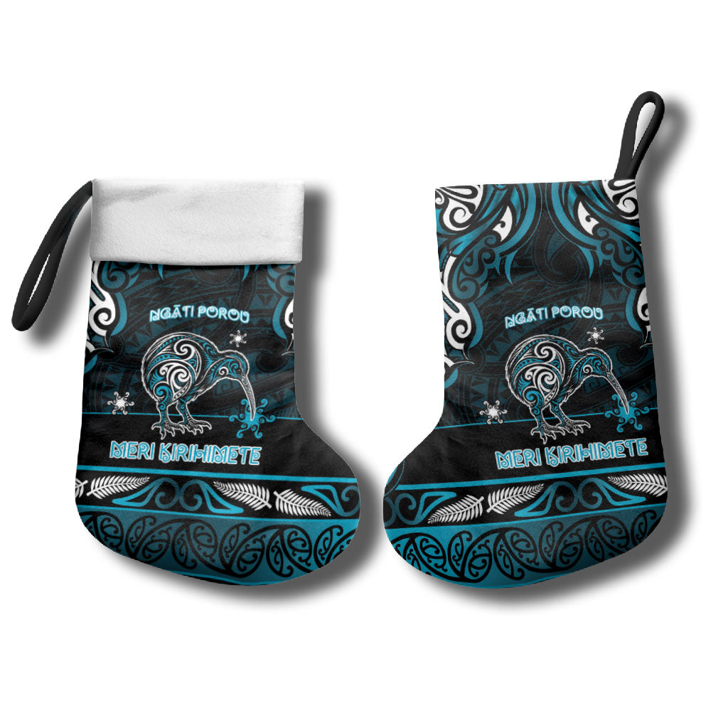 Personalised Ngati Porou Aotearoa Meri Kirihimete Christmas Stocking Maori Kiwi Bird Silver Fern Koru Pattern