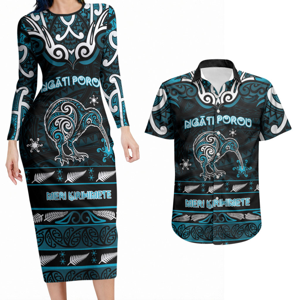 Personalised Ngati Porou Aotearoa Meri Kirihimete Couples Matching Long Sleeve Bodycon Dress and Hawaiian Shirt Maori Kiwi Bird Silver Fern Koru Pattern
