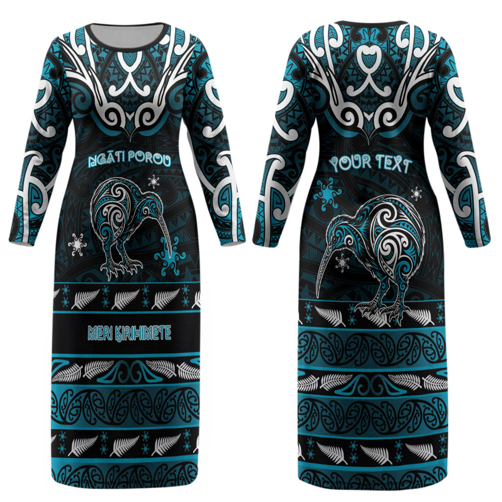 Personalised Ngati Porou Aotearoa Meri Kirihimete Couples Matching Long Sleeve Bodycon Dress and Hawaiian Shirt Maori Kiwi Bird Silver Fern Koru Pattern