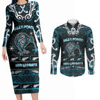 Personalised Ngati Porou Aotearoa Meri Kirihimete Couples Matching Long Sleeve Bodycon Dress and Long Sleeve Button Shirt Maori Kiwi Bird Silver Fern Koru Pattern