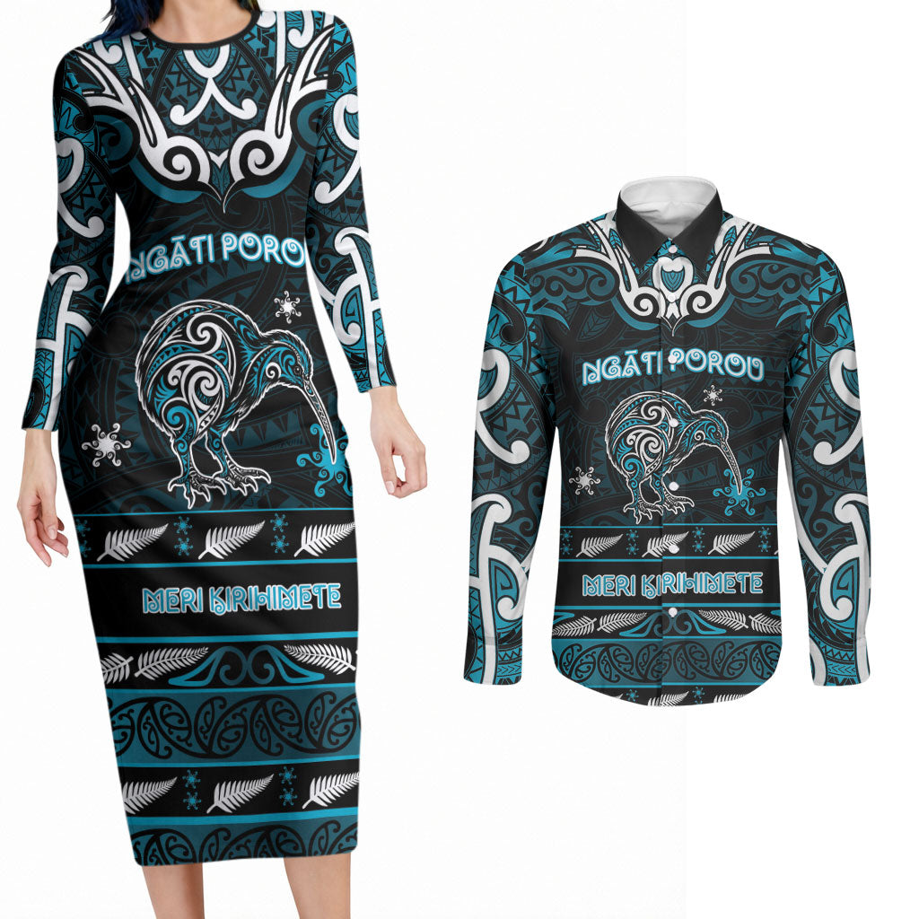 Personalised Ngati Porou Aotearoa Meri Kirihimete Couples Matching Long Sleeve Bodycon Dress and Long Sleeve Button Shirt Maori Kiwi Bird Silver Fern Koru Pattern