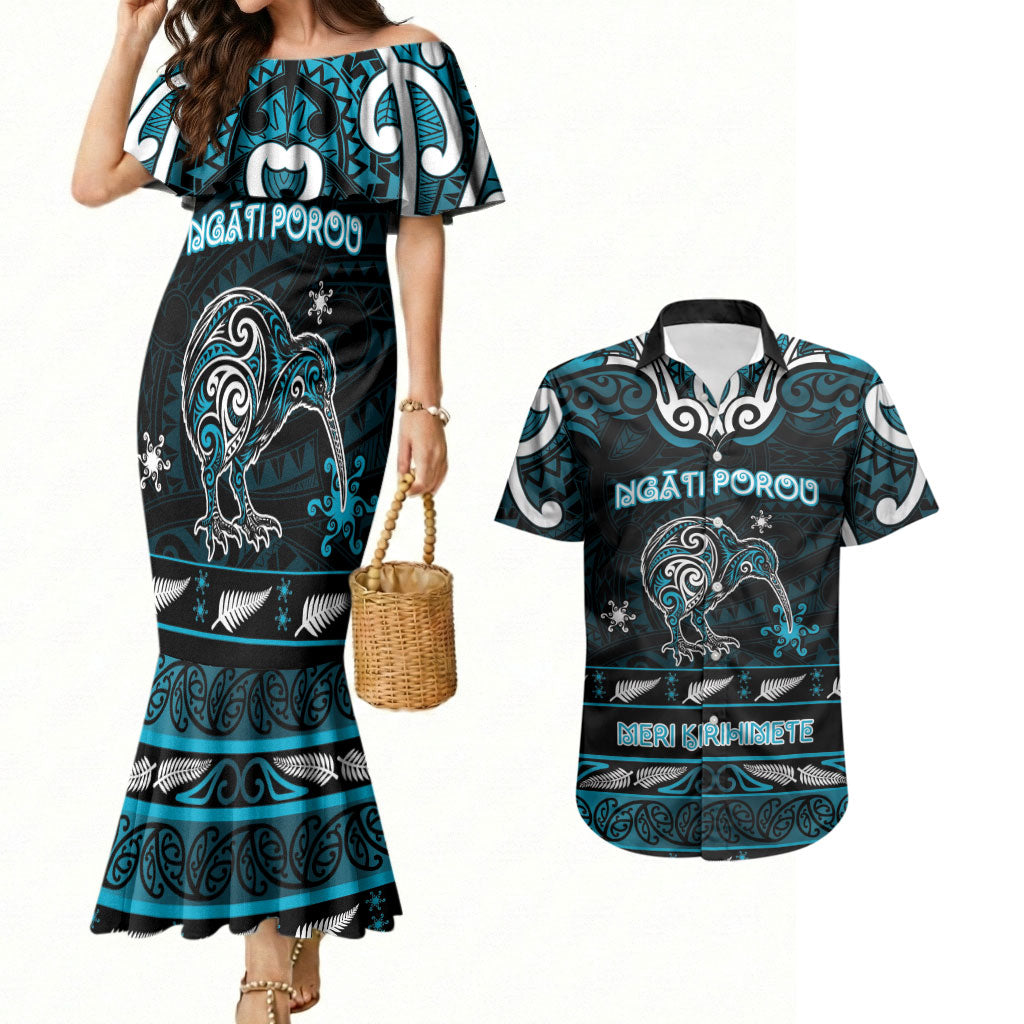 Personalised Ngati Porou Aotearoa Meri Kirihimete Couples Matching Mermaid Dress and Hawaiian Shirt Maori Kiwi Bird Silver Fern Koru Pattern