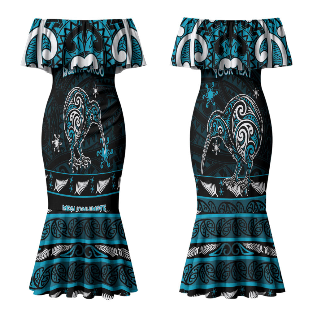 Personalised Ngati Porou Aotearoa Meri Kirihimete Couples Matching Mermaid Dress and Hawaiian Shirt Maori Kiwi Bird Silver Fern Koru Pattern