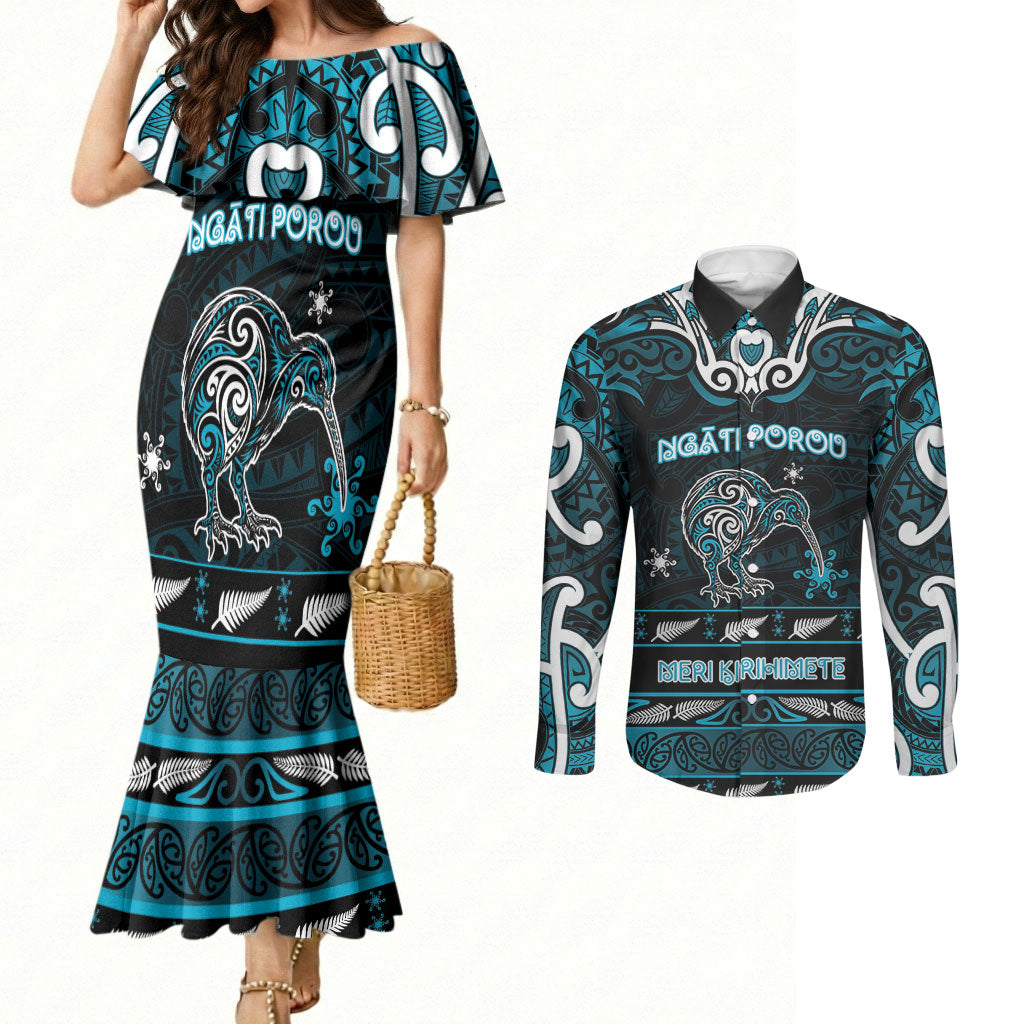 Personalised Ngati Porou Aotearoa Meri Kirihimete Couples Matching Mermaid Dress and Long Sleeve Button Shirt Maori Kiwi Bird Silver Fern Koru Pattern