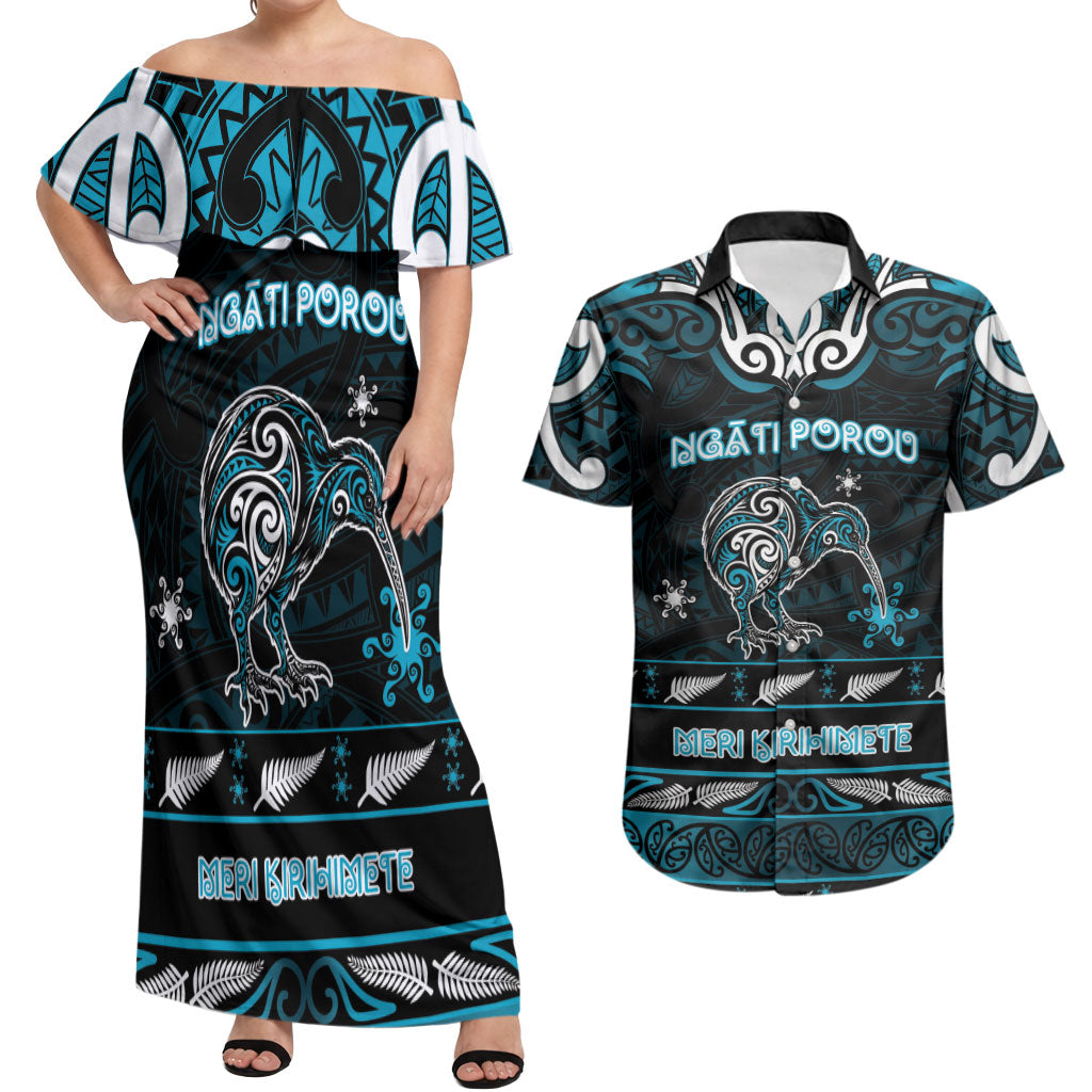 Personalised Ngati Porou Aotearoa Meri Kirihimete Couples Matching Off Shoulder Maxi Dress and Hawaiian Shirt Maori Kiwi Bird Silver Fern Koru Pattern