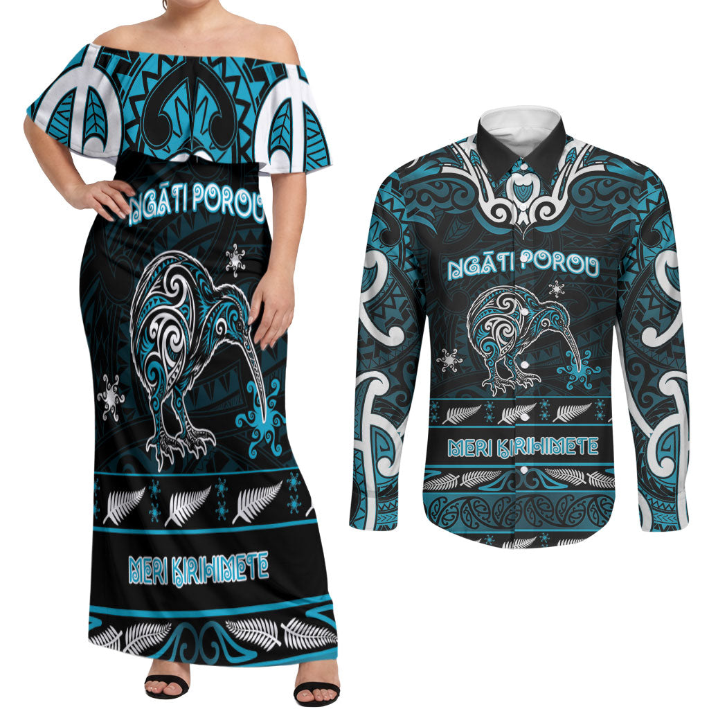 Personalised Ngati Porou Aotearoa Meri Kirihimete Couples Matching Off Shoulder Maxi Dress and Long Sleeve Button Shirt Maori Kiwi Bird Silver Fern Koru Pattern