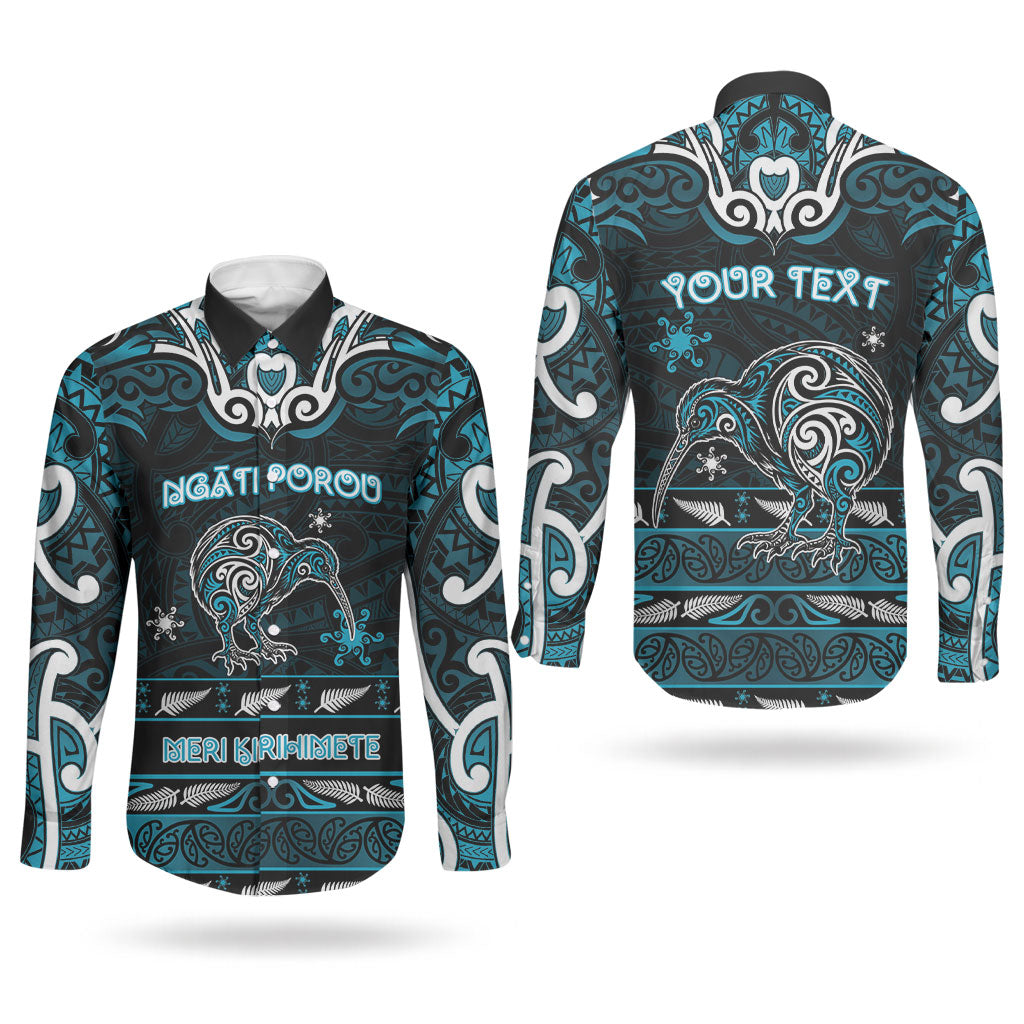Personalised Ngati Porou Aotearoa Meri Kirihimete Couples Matching Off Shoulder Maxi Dress and Long Sleeve Button Shirt Maori Kiwi Bird Silver Fern Koru Pattern