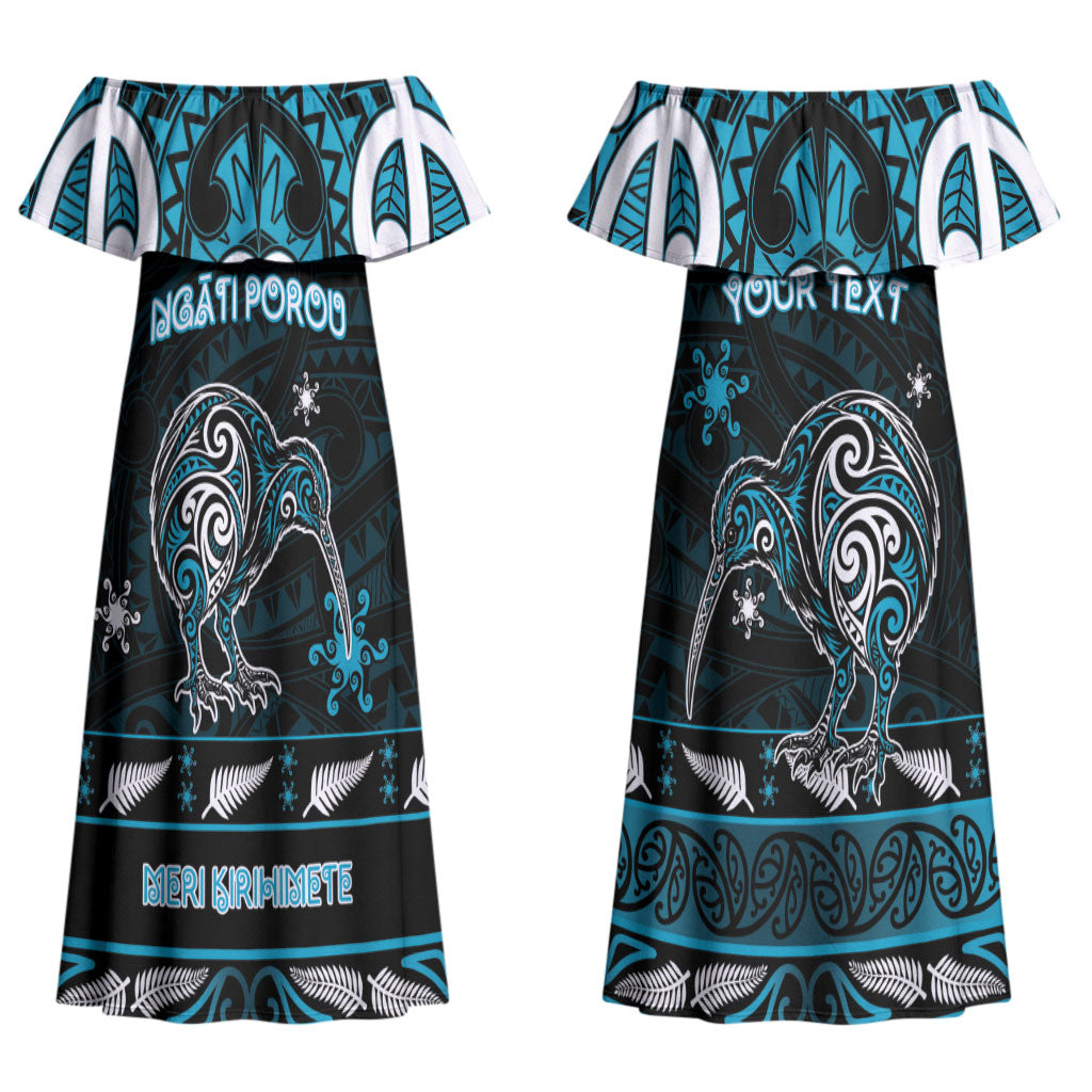 Personalised Ngati Porou Aotearoa Meri Kirihimete Couples Matching Off Shoulder Maxi Dress and Long Sleeve Button Shirt Maori Kiwi Bird Silver Fern Koru Pattern