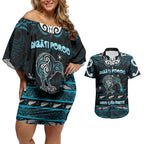 Personalised Ngati Porou Aotearoa Meri Kirihimete Couples Matching Off Shoulder Short Dress and Hawaiian Shirt Maori Kiwi Bird Silver Fern Koru Pattern