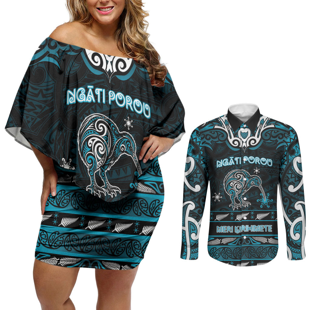 Personalised Ngati Porou Aotearoa Meri Kirihimete Couples Matching Off Shoulder Short Dress and Long Sleeve Button Shirt Maori Kiwi Bird Silver Fern Koru Pattern