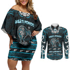 Personalised Ngati Porou Aotearoa Meri Kirihimete Couples Matching Off Shoulder Short Dress and Long Sleeve Button Shirt Maori Kiwi Bird Silver Fern Koru Pattern