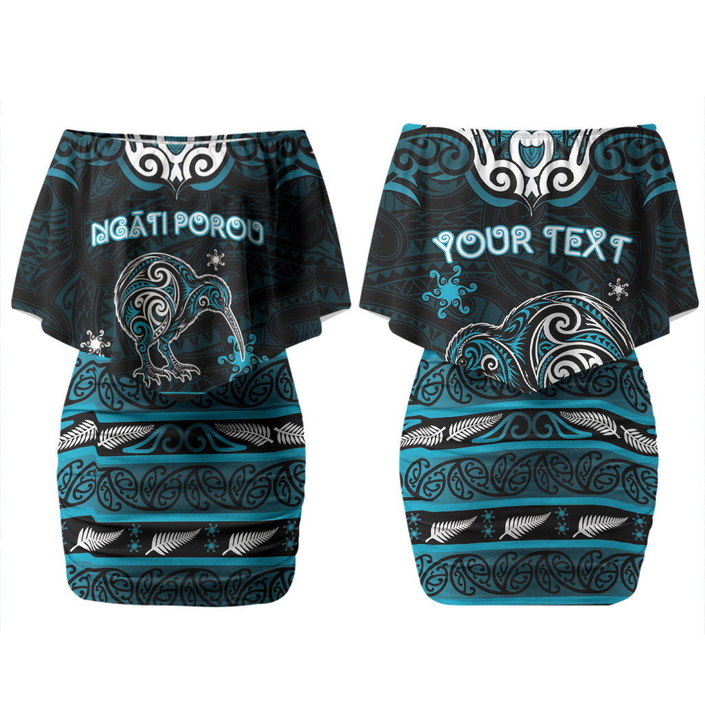 Personalised Ngati Porou Aotearoa Meri Kirihimete Couples Matching Off Shoulder Short Dress and Long Sleeve Button Shirt Maori Kiwi Bird Silver Fern Koru Pattern