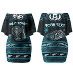 Personalised Ngati Porou Aotearoa Meri Kirihimete Couples Matching Off Shoulder Short Dress and Long Sleeve Button Shirt Maori Kiwi Bird Silver Fern Koru Pattern