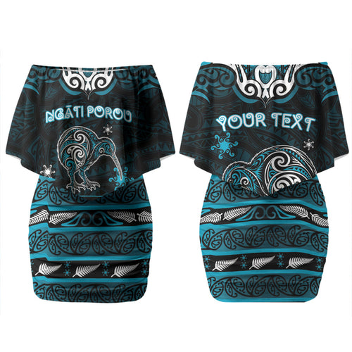 Personalised Ngati Porou Aotearoa Meri Kirihimete Couples Matching Off Shoulder Short Dress and Long Sleeve Button Shirt Maori Kiwi Bird Silver Fern Koru Pattern