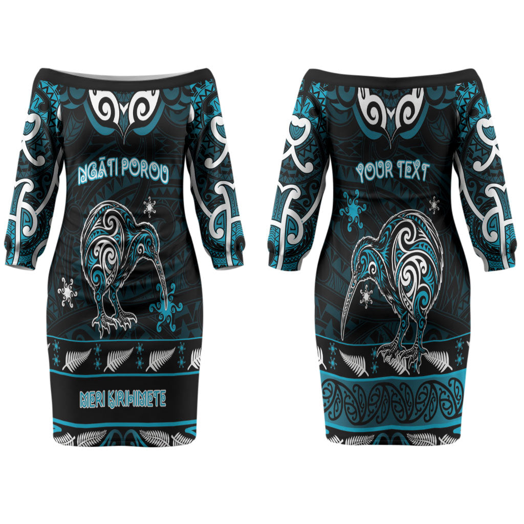 Personalised Ngati Porou Aotearoa Meri Kirihimete Couples Matching Off The Shoulder Long Sleeve Dress and Hawaiian Shirt Maori Kiwi Bird Silver Fern Koru Pattern