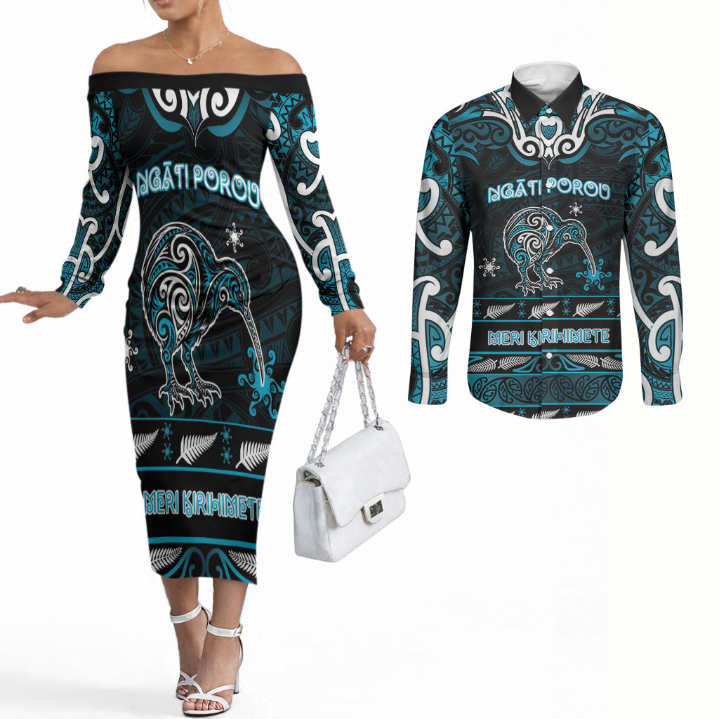 Personalised Ngati Porou Aotearoa Meri Kirihimete Couples Matching Off The Shoulder Long Sleeve Dress and Long Sleeve Button Shirt Maori Kiwi Bird Silver Fern Koru Pattern