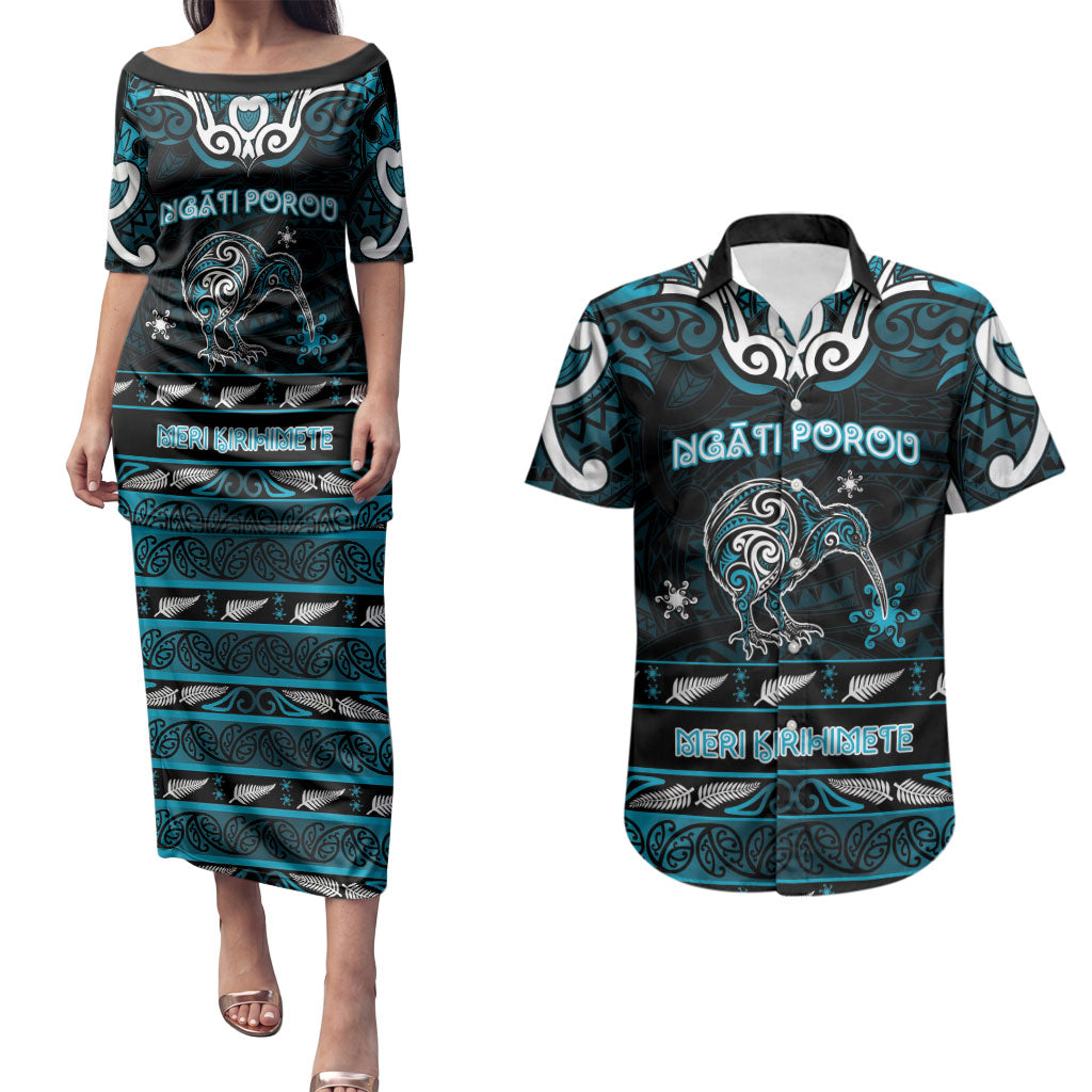 Personalised Ngati Porou Aotearoa Meri Kirihimete Couples Matching Puletasi and Hawaiian Shirt Maori Kiwi Bird Silver Fern Koru Pattern