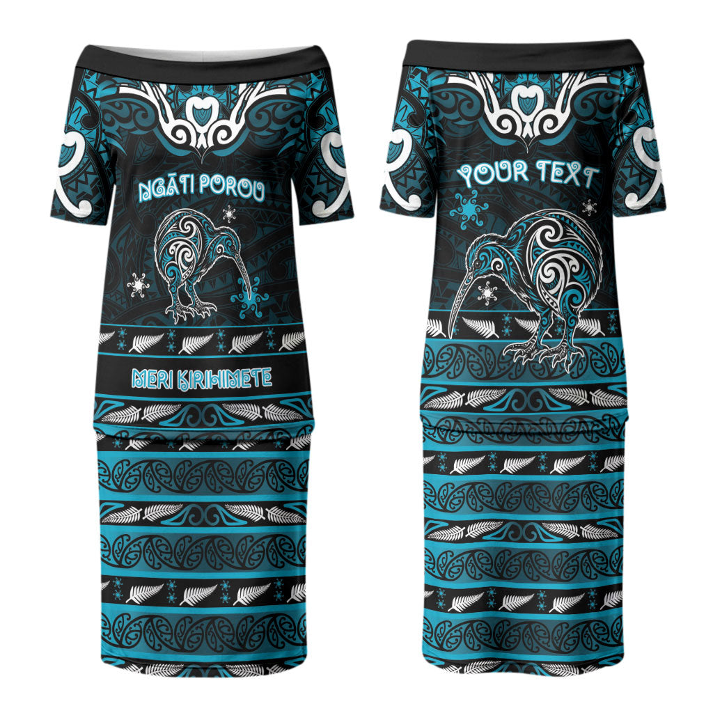 Personalised Ngati Porou Aotearoa Meri Kirihimete Couples Matching Puletasi and Hawaiian Shirt Maori Kiwi Bird Silver Fern Koru Pattern
