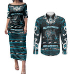 Personalised Ngati Porou Aotearoa Meri Kirihimete Couples Matching Puletasi and Long Sleeve Button Shirt Maori Kiwi Bird Silver Fern Koru Pattern